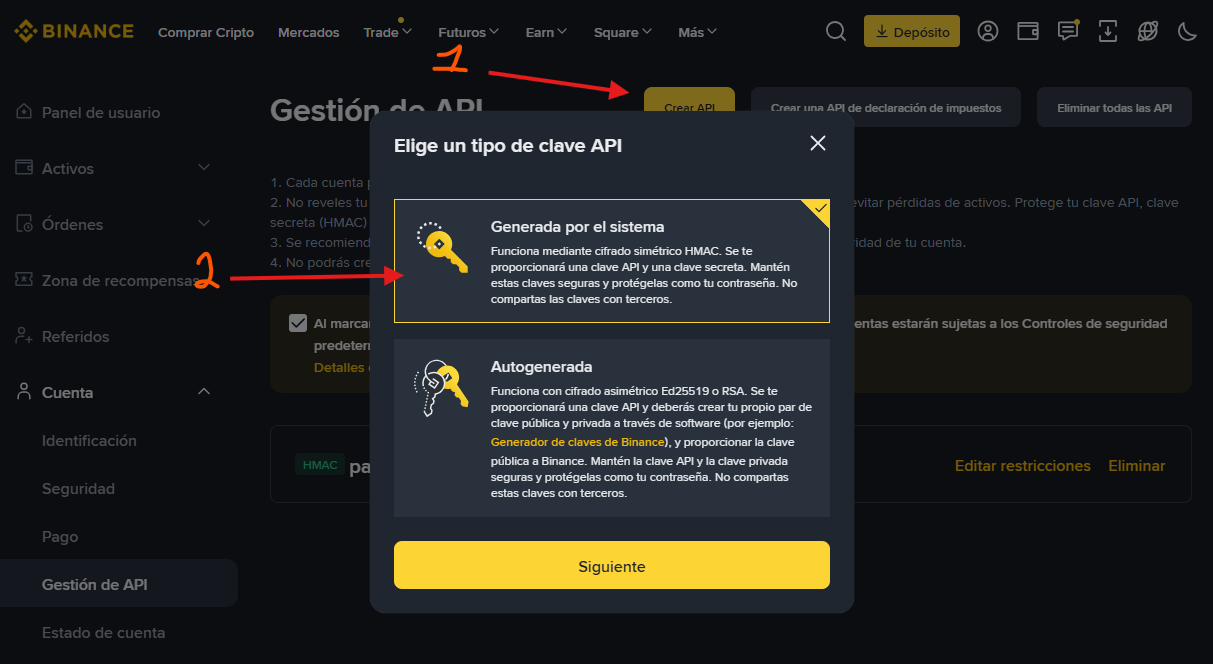 Binance - Crear API y seleccionar tipo
