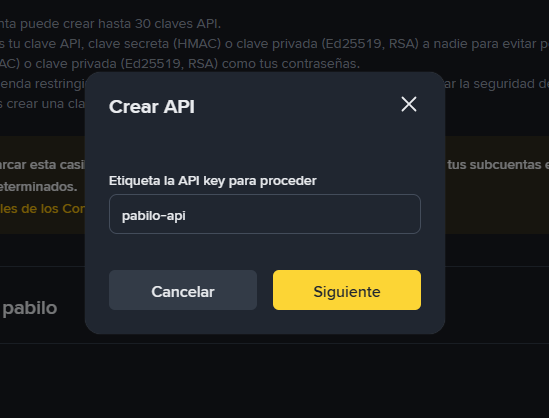 Binance - Formulario de nombre para la API Key