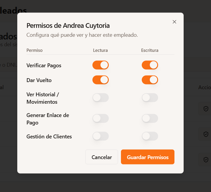 Panel de configuración de permisos para empleados