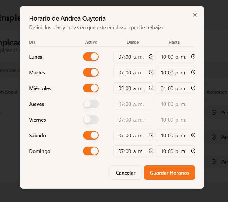 Configuración de horarios de acceso de empleados