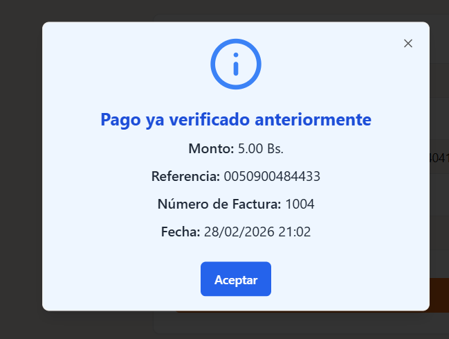 Alerta de pago que ya había sido validado e ingresado anteriormente
