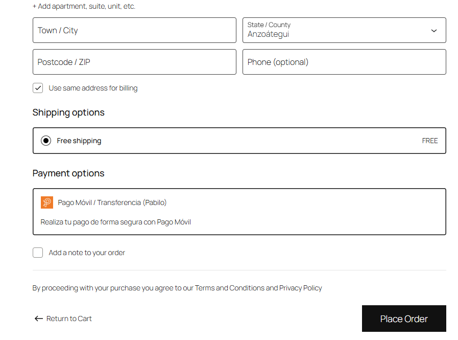 Flujo de checkout de Pago Móvil en una tienda WordPress WooCommerce gracias a Pabilo